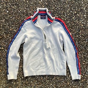 Demeter White Zip-Up Sweater with Red and Blue Accents